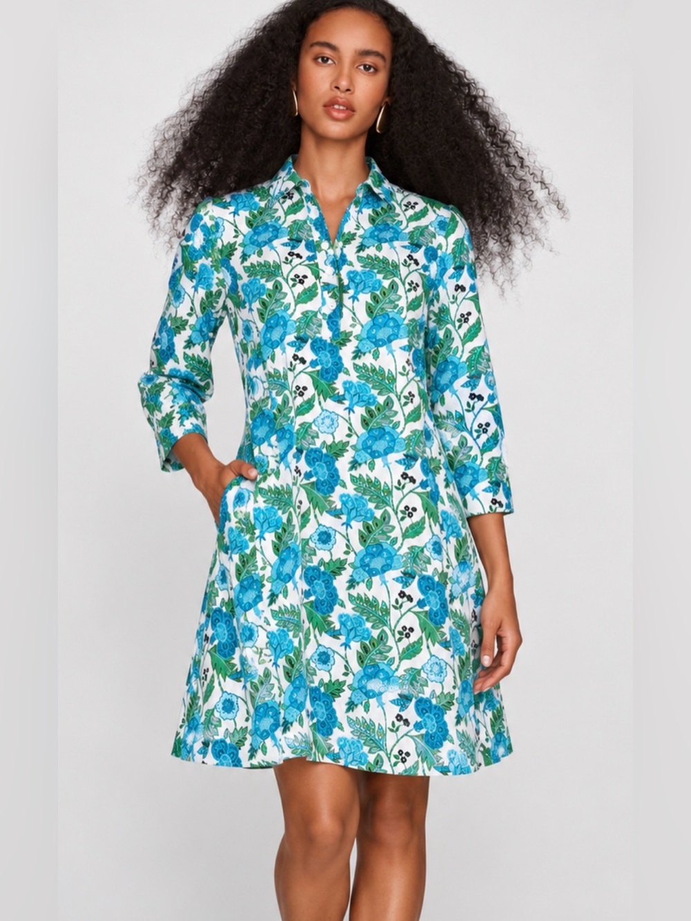 Victoria Dunn East Bay Blue Green Floral Cotton Dress Size M